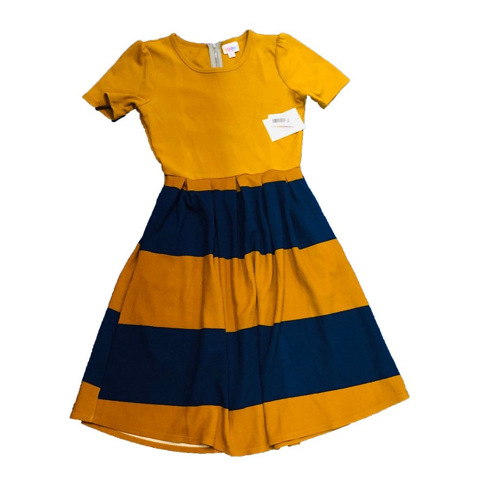 New Lularoe Amelia Dress‎ Blue & Yellow Strippe